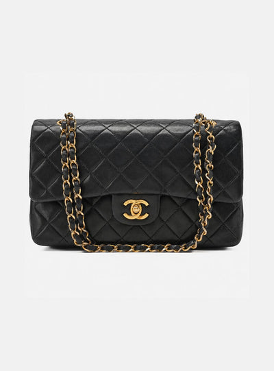 Chanel Lambskin Matelasse Double Flap 25cm Chain Shoulder Black Gold-Tone Hardware Pre-Owned